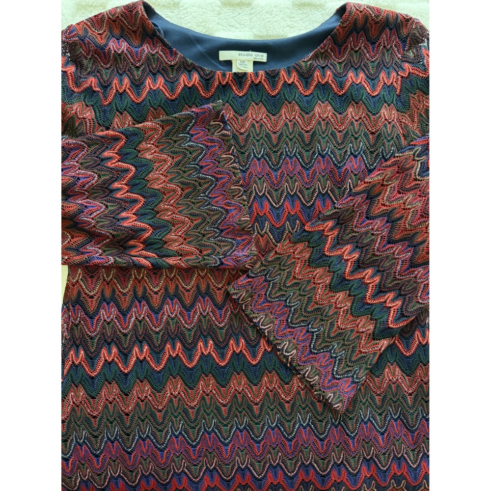 Studio One New York Chevron Zigzag Bell Sleeve Shift Dress Red Navy  14P